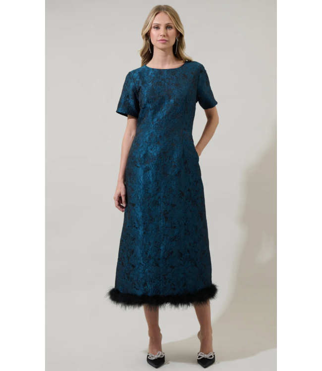 Page Floral Jacquard Feather Trim Midi Dress