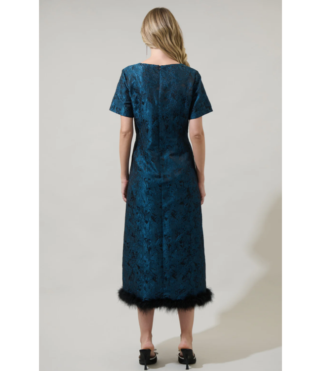 Page Floral Jacquard Feather Trim Midi Dress