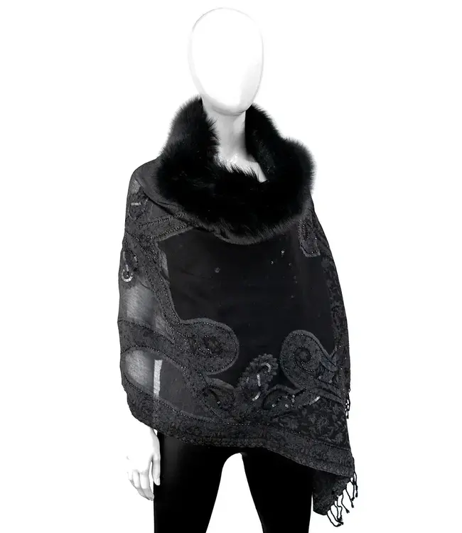 woven beaded scarf & fox fur trim