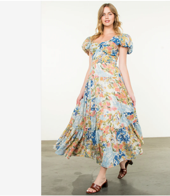 Smocked puff sleeve floral maxi