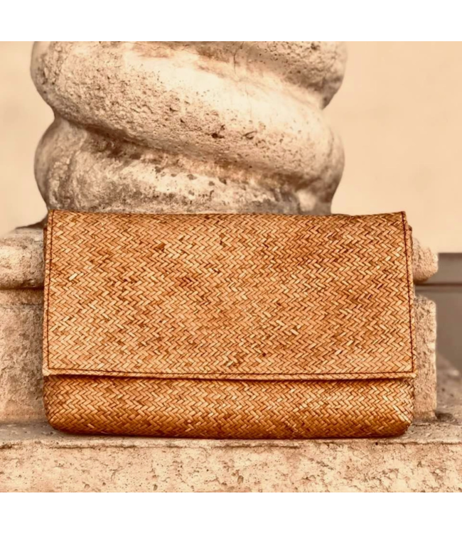 The Winding Road Rattan Clutch With Batik Print Lining Brown