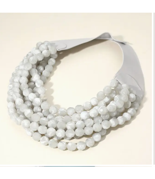 Chunky Beaded Layered Necklace Faux Leather Neck Magnetic-Gray -SKU JKN-140