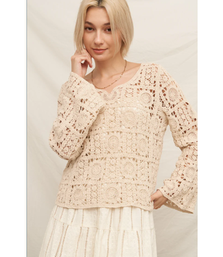 En Creme En Creme V-Neck Crochet Sweater ENBK3945BW