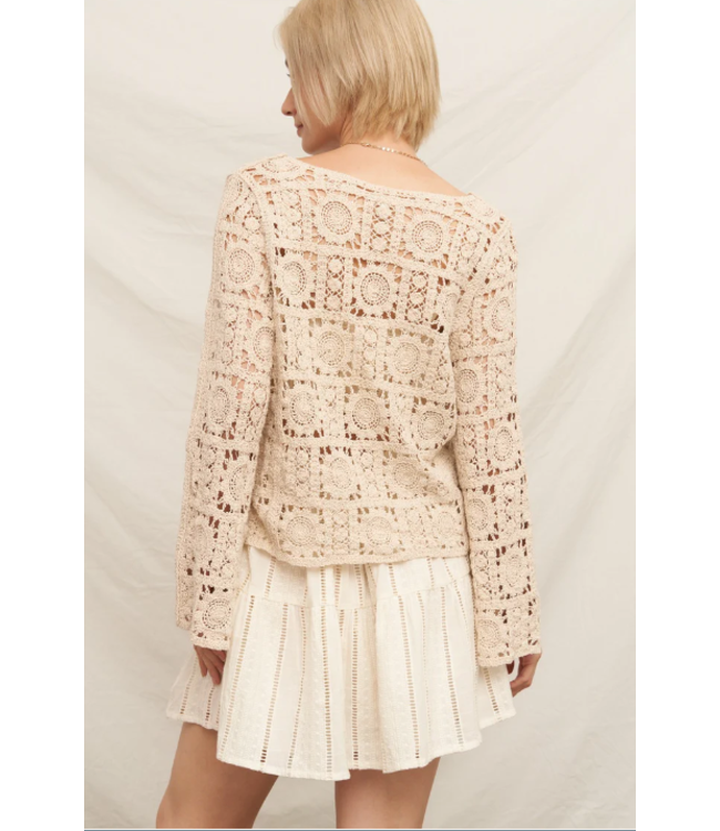 En Creme V-Neck Crochet Sweater ENBK3945BW