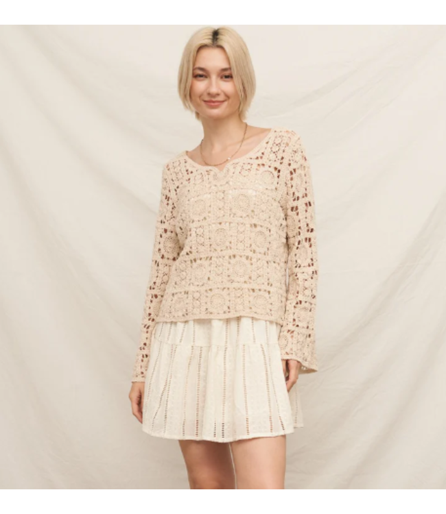 En Creme V-Neck Crochet Sweater ENBK3945BW