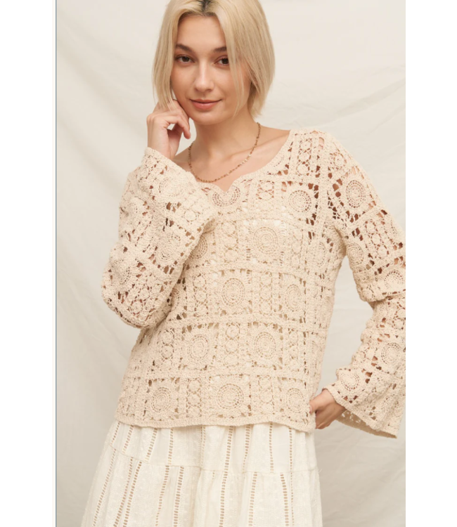En Creme V-Neck Crochet Sweater ENBK3945BW