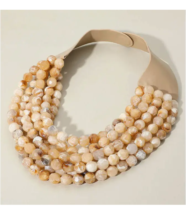 Chunky Beaded Layered Necklace Faux Leather Neck Magnetic-Beige -SKU JKN-140