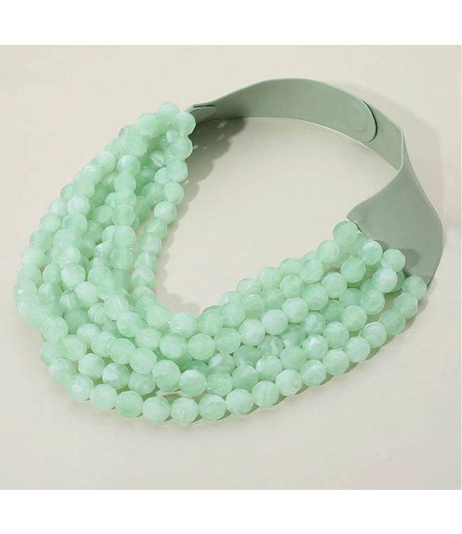 Chunky Beaded Layered Necklace Faux Leather Neck Magnetic- Mint -SKU JKN-140