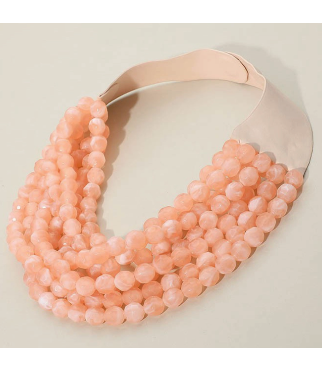 Chunky Beaded Layered Necklace Faux Leather Neck Magnetic-Peach -SKU JKN-140