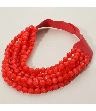 faire Chunky Beaded Layered Necklace Faux Leather Neck Magnetic-Red -SKU JKN-140