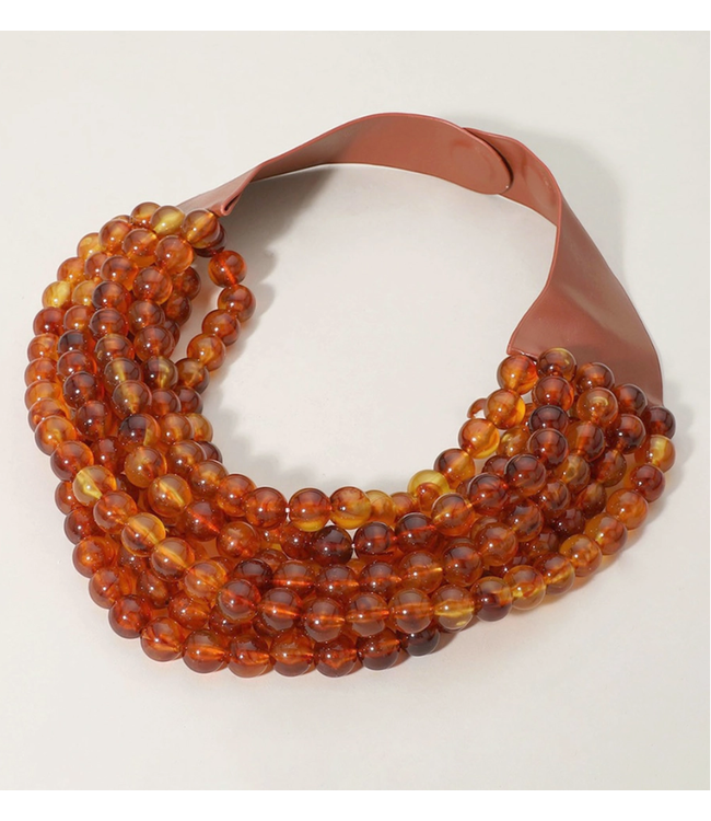 Chunky Beaded Layered Necklace Faux Leather Neck Magnetic-Tortoise -SKU JKN-140