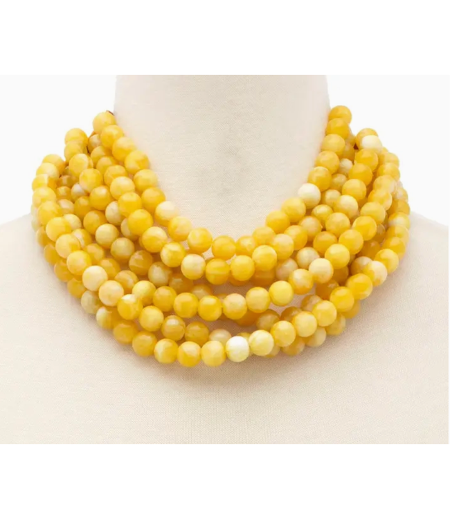 Chunky Beaded Layered Necklace Faux Leather Neck Magnetic-Yellow -SKU JKN-140