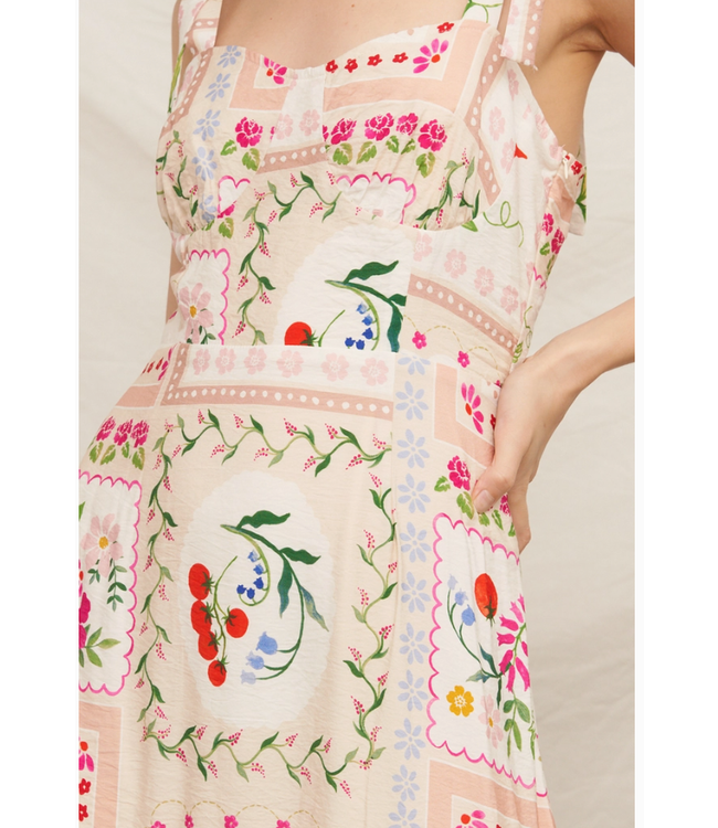 En Creme Printed Sleeveless Shoulder Tie Maxi Dress