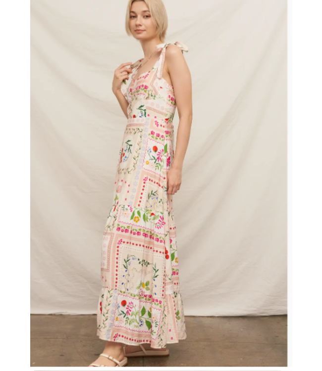 En Creme Printed Sleeveless Shoulder Tie Maxi Dress