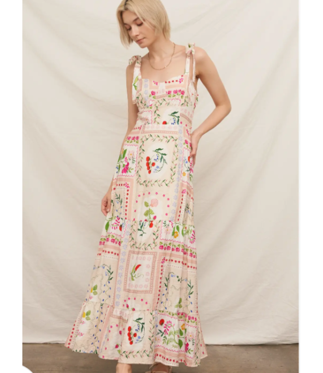 En Creme Printed Sleeveless Shoulder Tie Maxi Dress