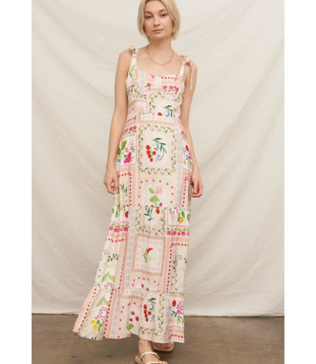 En Creme Printed Sleeveless Shoulder Tie Maxi Dress