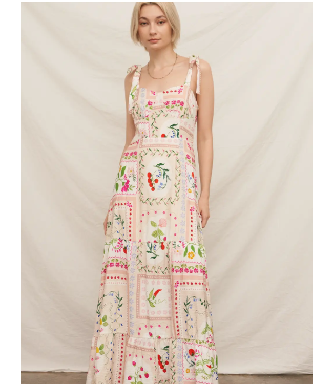 En Creme Printed Sleeveless Shoulder Tie Maxi Dress