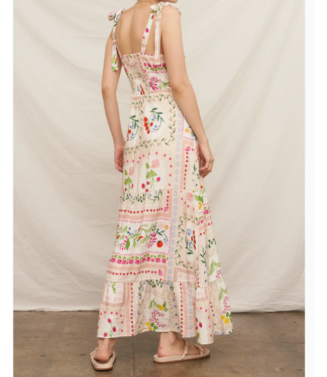 En Creme Printed Sleeveless Shoulder Tie Maxi Dress