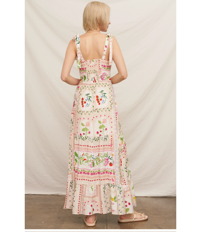 En Creme Printed Sleeveless Shoulder Tie Maxi Dress
