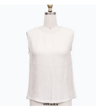 Crinkled Sleeveless Jewel Neck Top, White