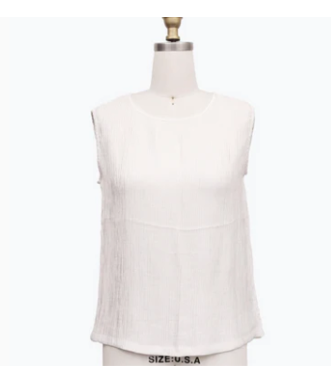 Crinkled Sleeveless Jewel Neck Top, White