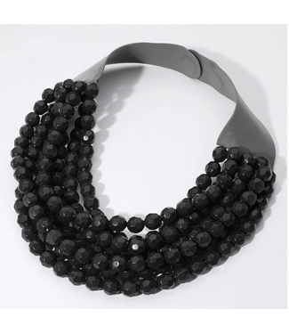faire Chunky beaded layered necklace faux leather neck magnetic- BLACK