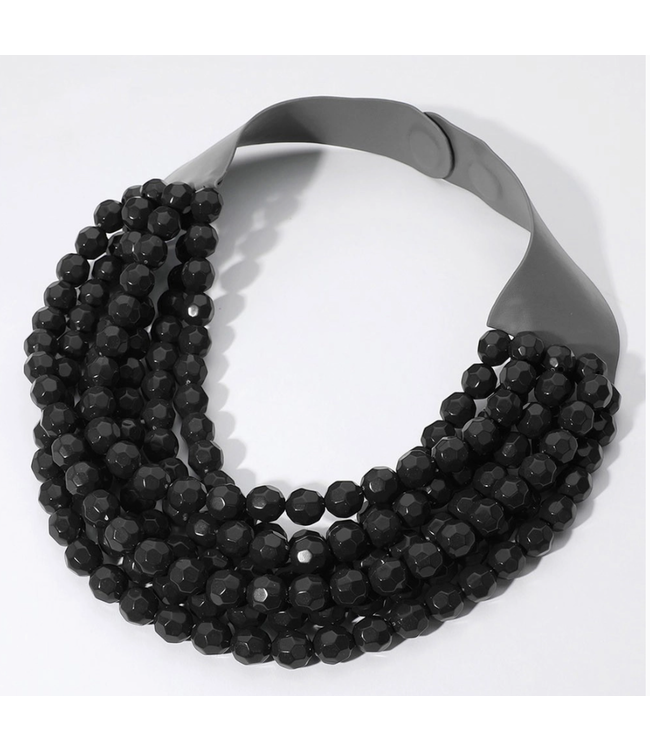 Chunky beaded layered necklace faux leather neck magnetic- BLACK