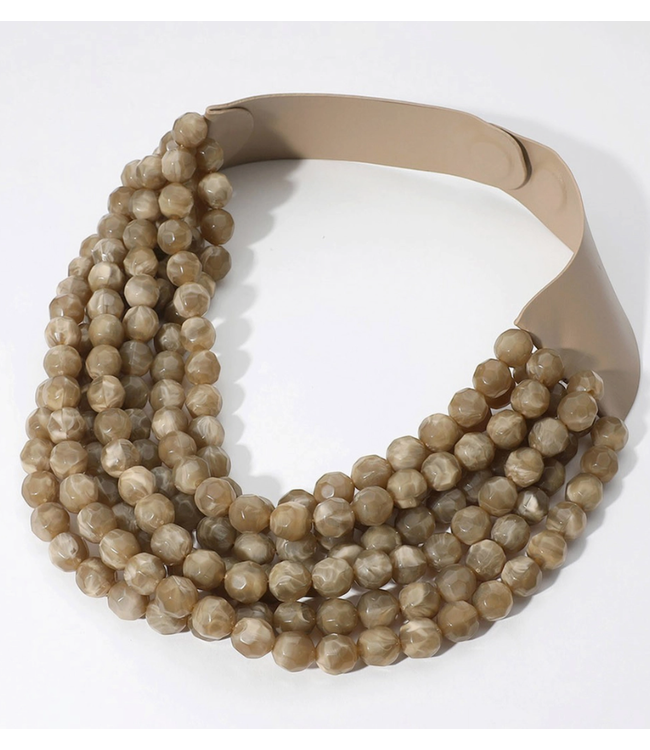 Chunky beaded layered necklace faux leather neck magnetic- brown