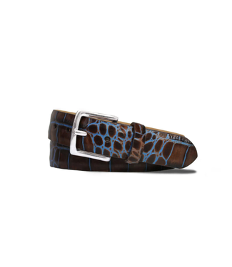 w kleinberg Chocolate Two-Toned Embossed Crocodile Belt with Antique Silver Buckle