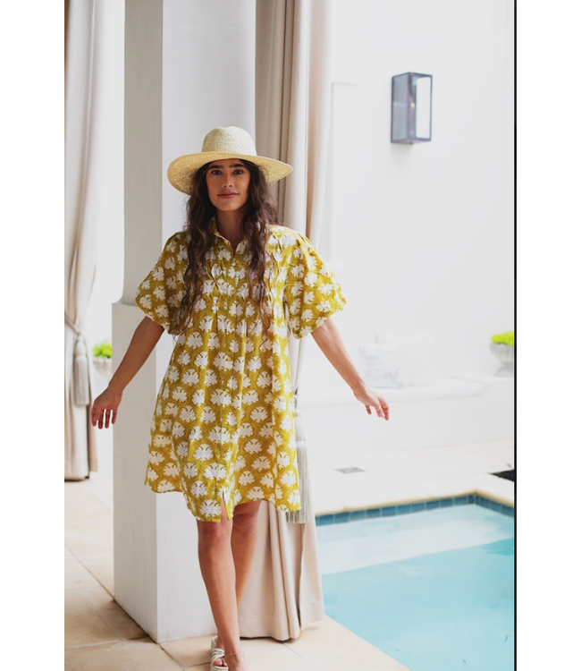 Ex Voto Lizzie Dress Yellow Block Print Dress-10100