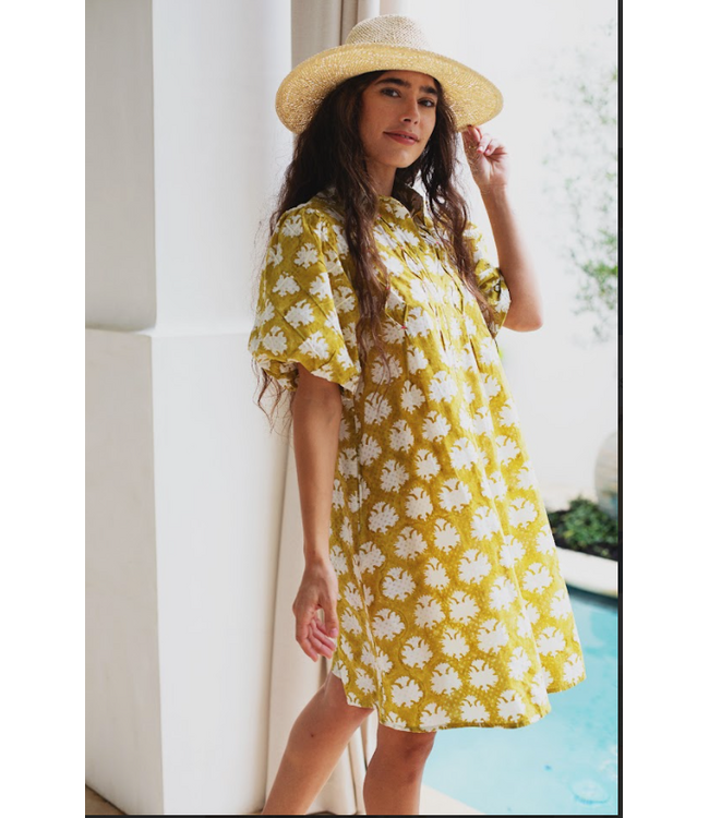 Ex Voto Lizzie Dress Yellow Block Print Dress-10100