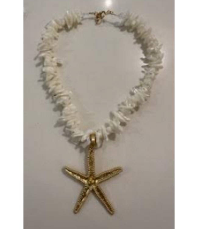 Merritt Millie-White  Chip Bead Necklace w/Gold Starfish
