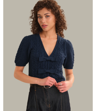 525 All Over Cable Puff Sleeve Bow Cardigan #52636