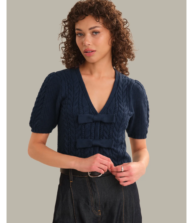 525 All Over Cable Puff Sleeve Bow Cardigan #52636