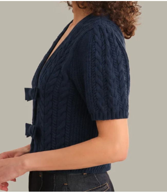 525 America-Alexandra Cable Puff Sleeve Bow Cardigan-#52636