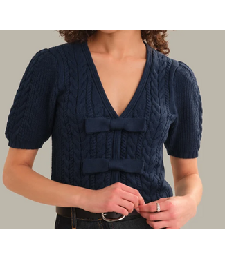 525 America-Alexandra Cable Puff Sleeve Bow Cardigan-#52636