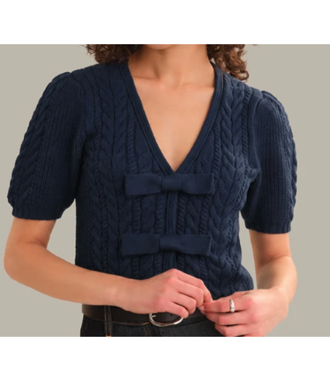 525 America-Alexandra Cable Puff Sleeve Bow Cardigan-#52636