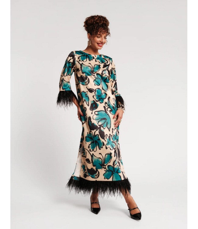 Frances Valentine Belle Maxi Dress w/ Feathers Dutch Satin