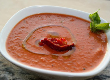 Cream of Roasted Pepper & Tomato Soup with Tuscan Herb Olive Oil