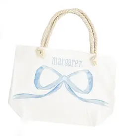 Over the Moon Blue Bow Canvas Tote