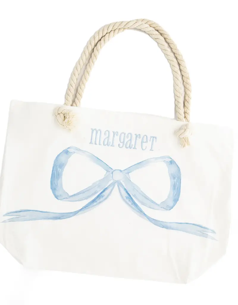 Over the Moon Blue Bow Canvas Tote