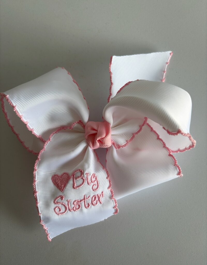 Beyond Creations, LLC Embroidered Big Sis Pink Crochet Edge Bow
