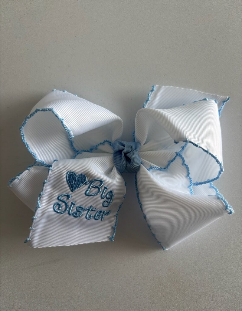 Beyond Creations, LLC Embroidered Big Sis Blue Crochet Edge Bow