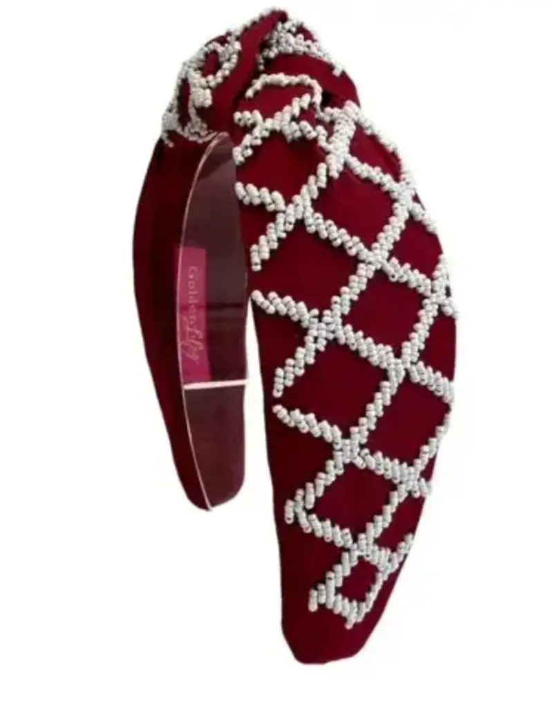 Golden Lily Beaded Maroon & White Gameday Knot Headband