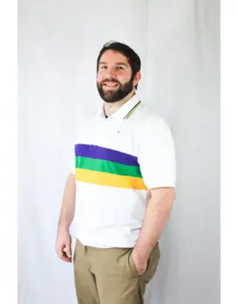 Mardi Gras Creations Mardi Gras White Chest Stripe Adult Polo