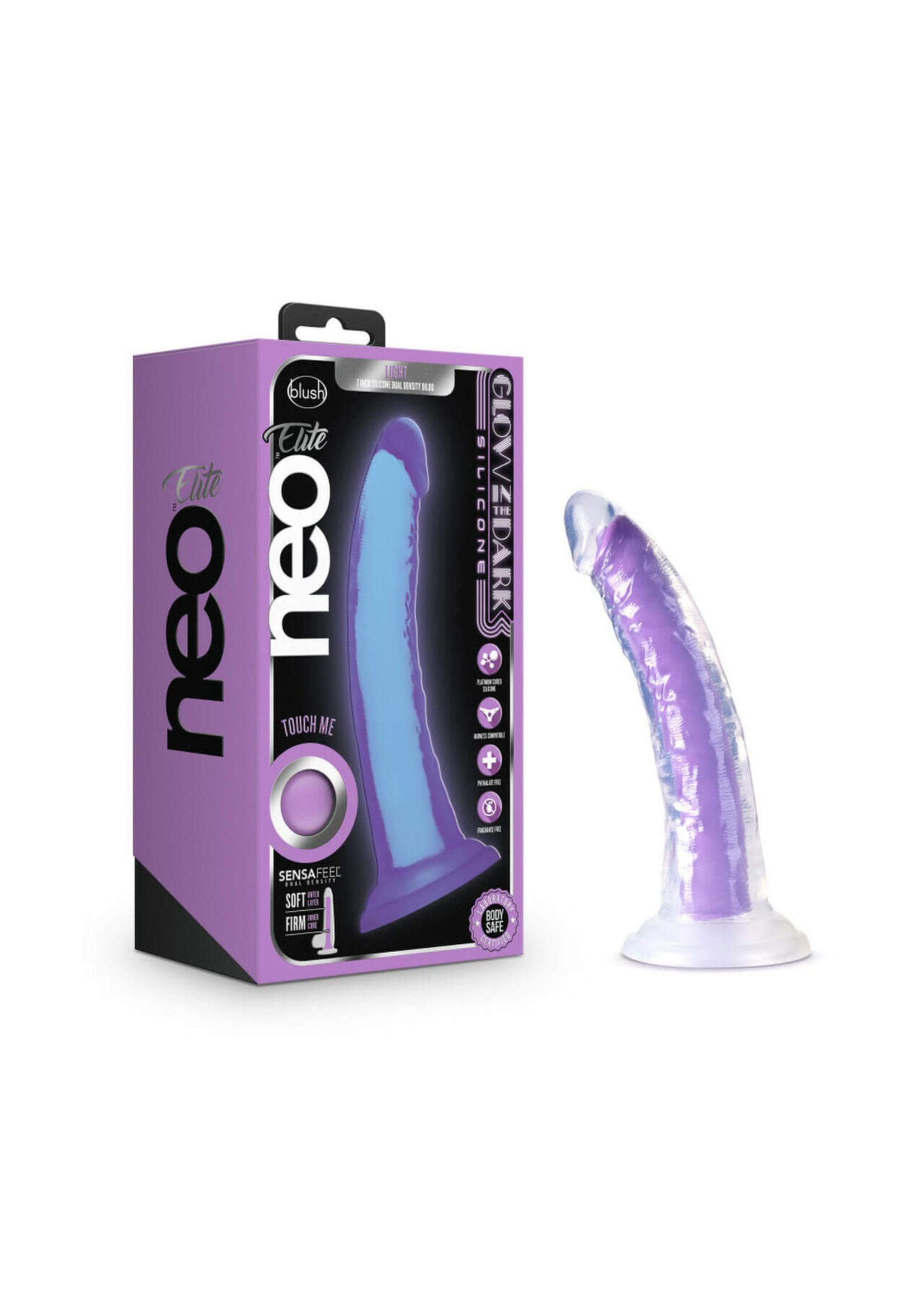 Blush Novelties Neo Elite - Glow in the Dark - Light - 7 inch Silicone Dual Density Dildo - Neon Purple