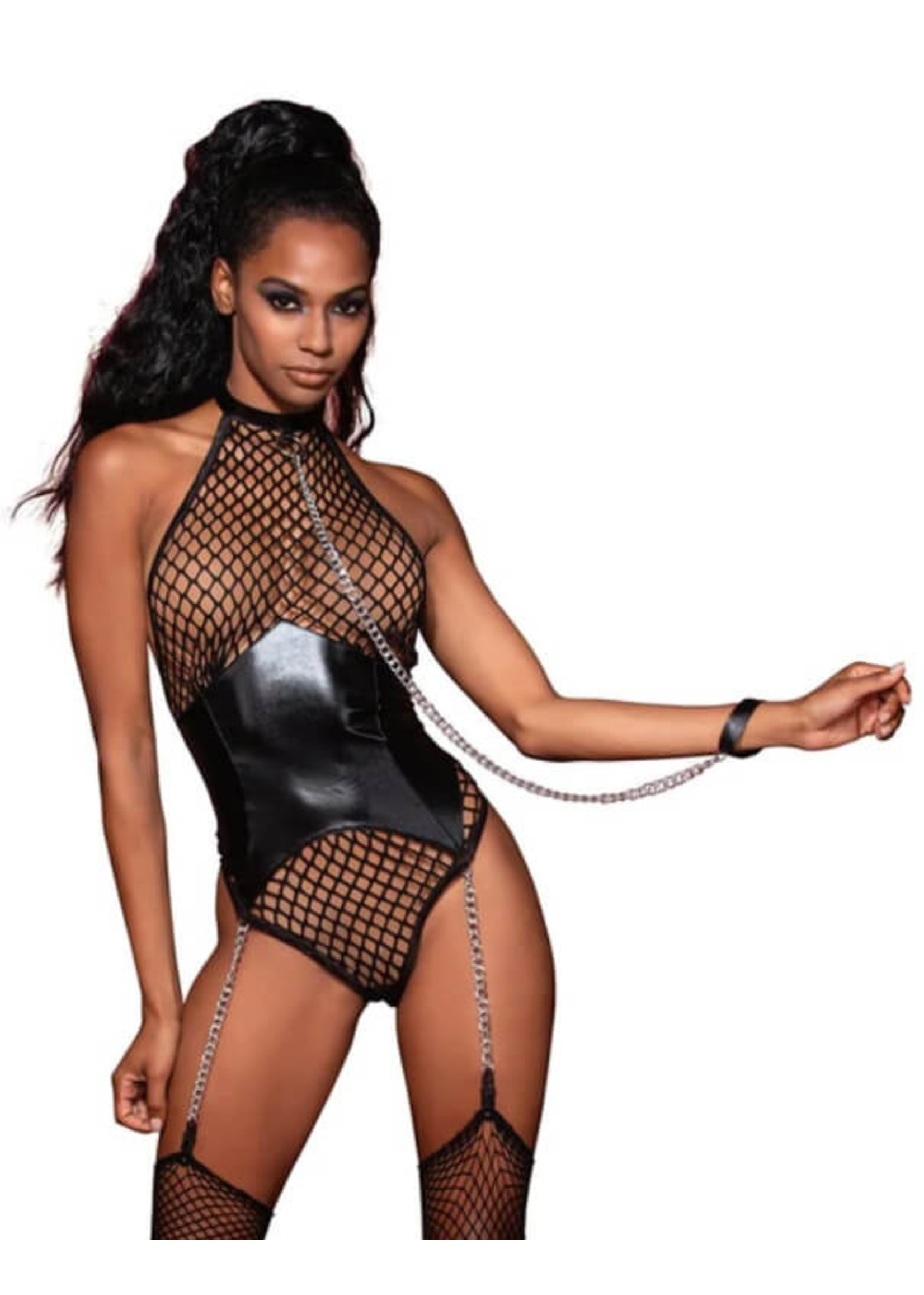 Dreamgirl Large Fishnet Corset-Style Halter Teddy with Attached Collar & Chain Leash Accent