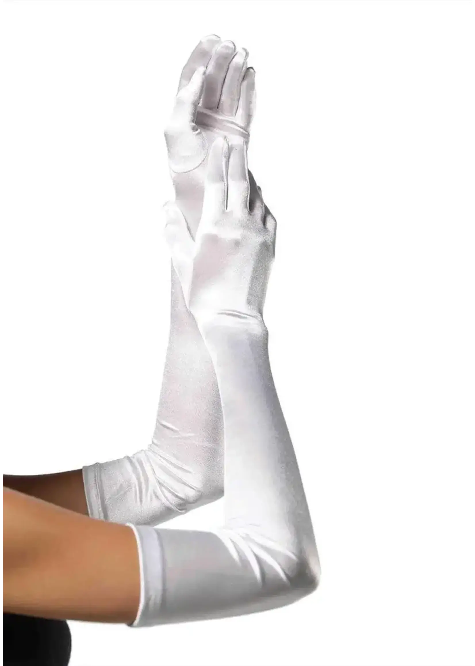 thumbnail image 2 of White Opera Elbow Length Satin Gloves – One Size Fits All, Full Fingered Costume Gloves 2 of 6