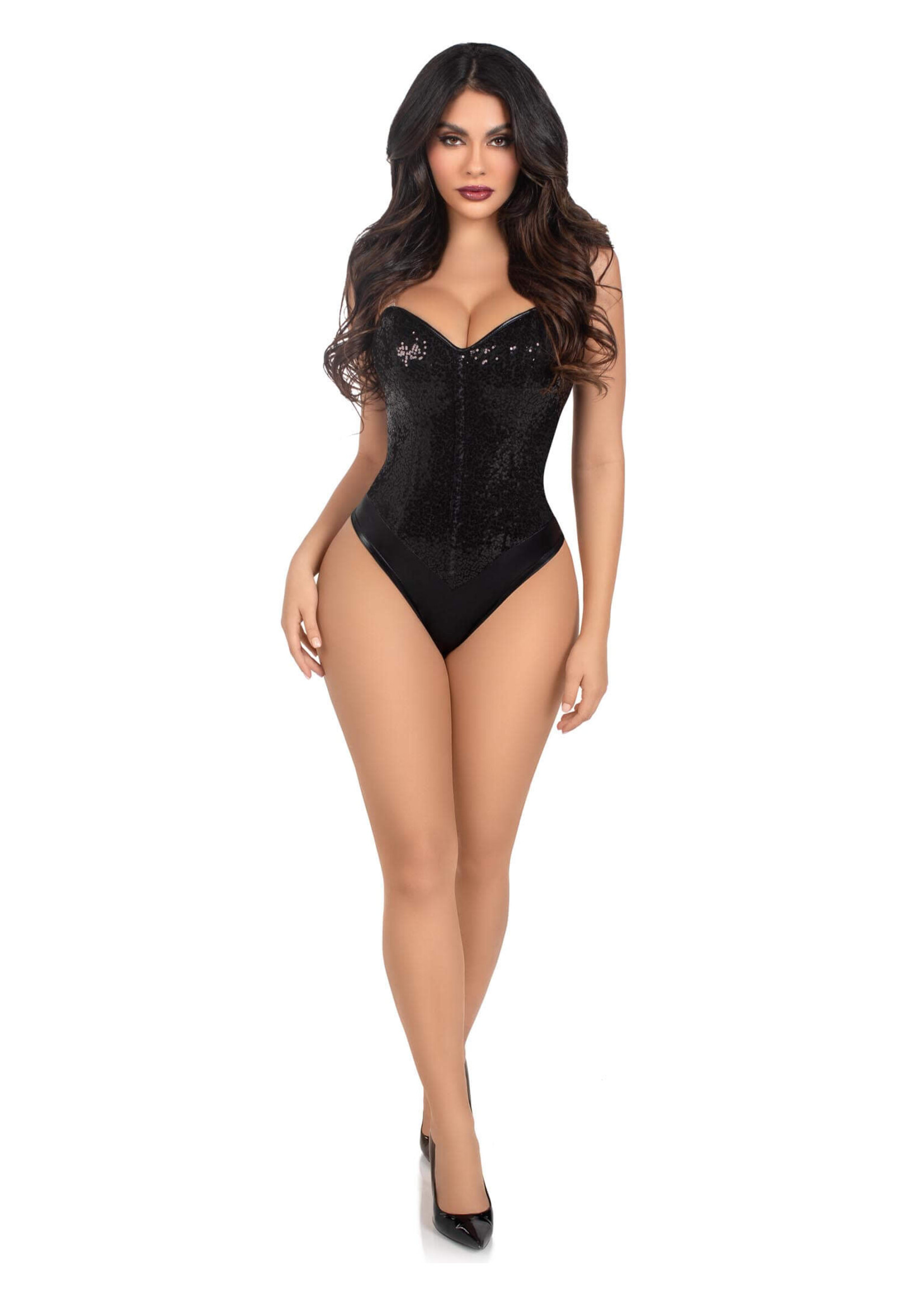 Leg Avenue Sequin Boned Snap-Crotch Bodysuit w/ Clear Straps
