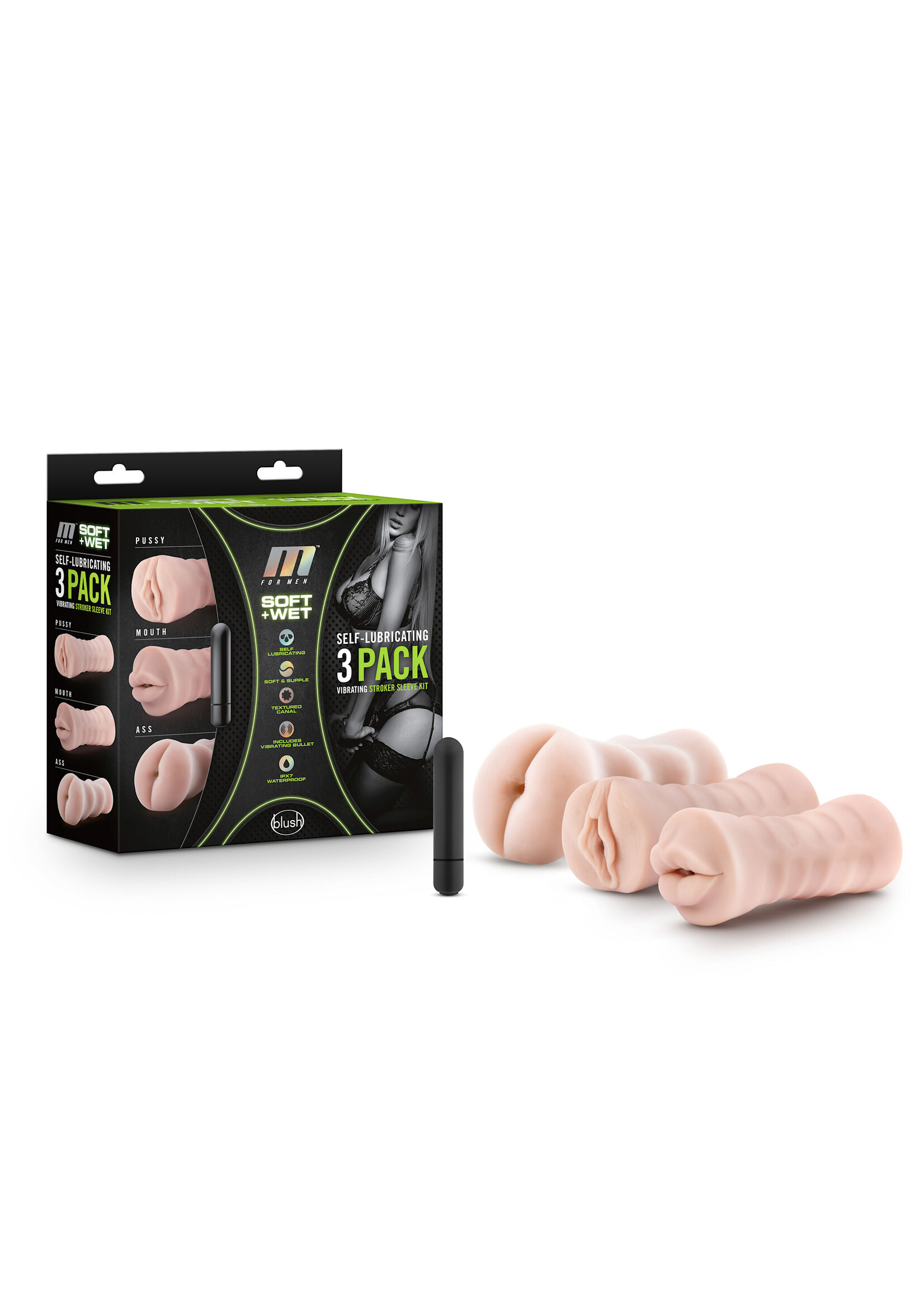 M for Men 3-Pack Self-Lubricating Vibrating Stroker Kit - Vanilla